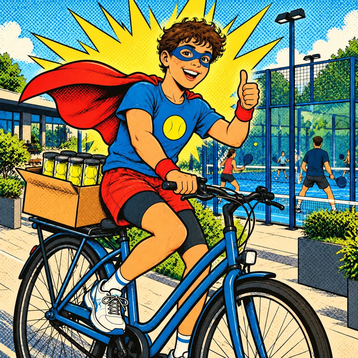 Een ambassadeur op de fiets met een doos padelballen voor de club