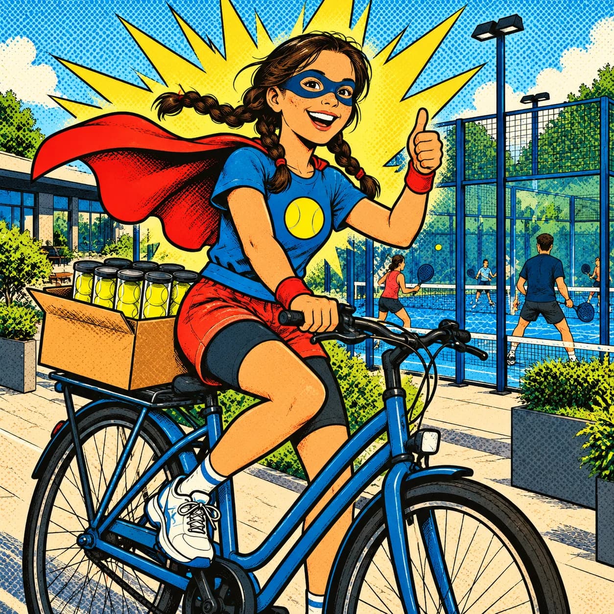 Een ambassadrice op de fiets met een doos padelballen voor de club